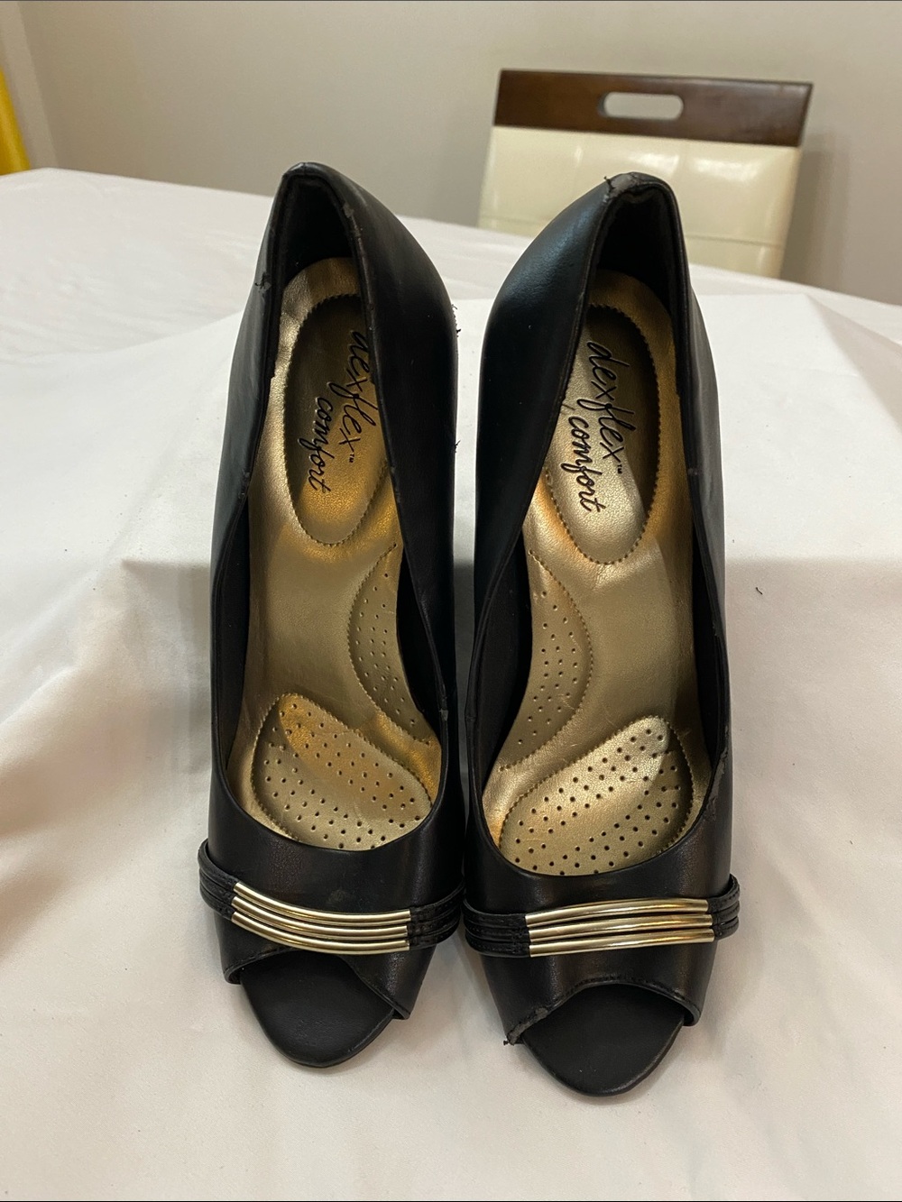 dexflex comfort Black Peep-Toe Heels with Gold Accent